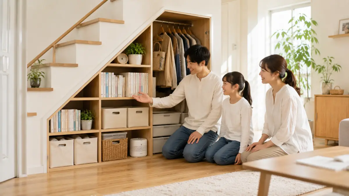 階段下収納アイデアを活用して整理整頓された住まいの日本人家族