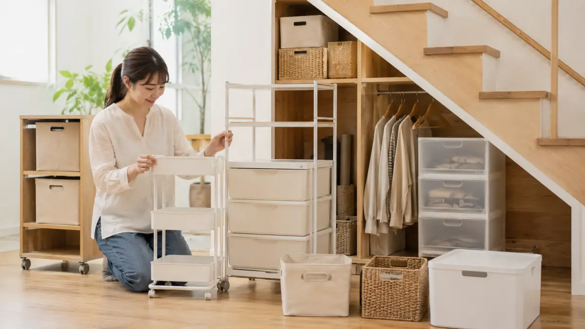 階段下収納アイデアで既製品ラックを比較する日本人女性