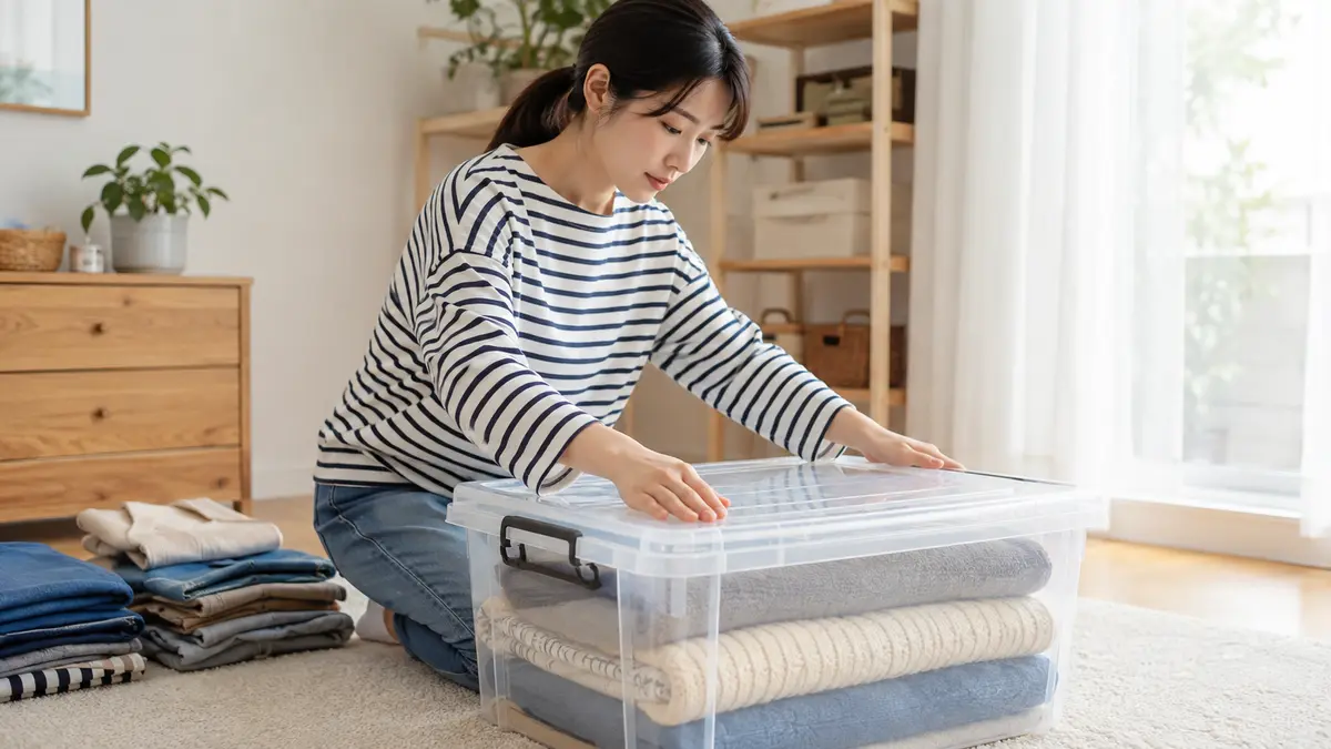 密閉性の高い収納ケースを選ぶ パッキン付き収納ケースのふたを四隅まで閉める日本人女性