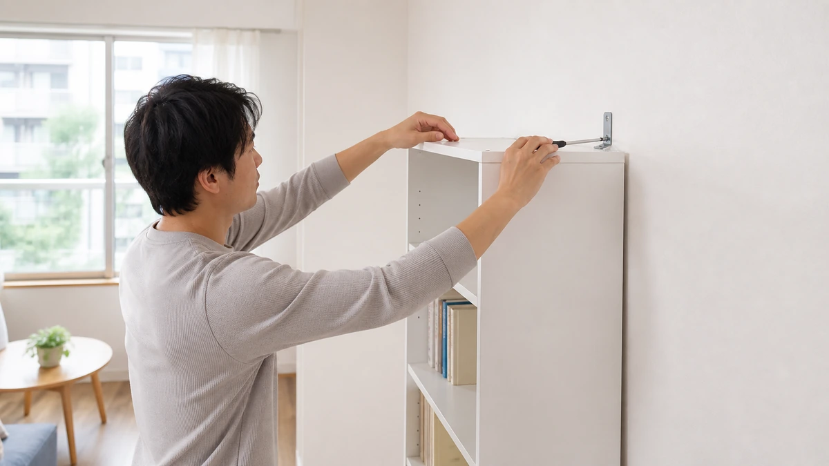 ビリー本棚の転倒防止金具の取り付け 日本人男性が白い本棚を壁に転倒防止金具で固定している様子