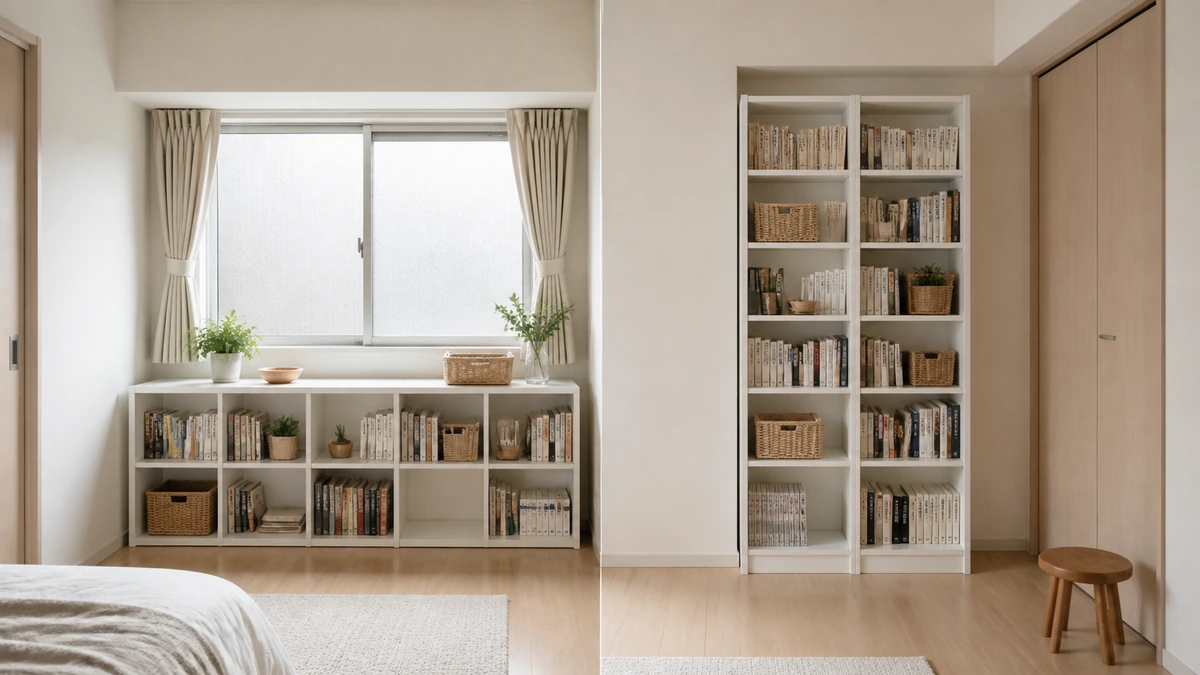 ビリー本棚のロータイプとハイタイプ比較 日本の部屋に置いたロータイプとハイタイプの白い本棚の比較