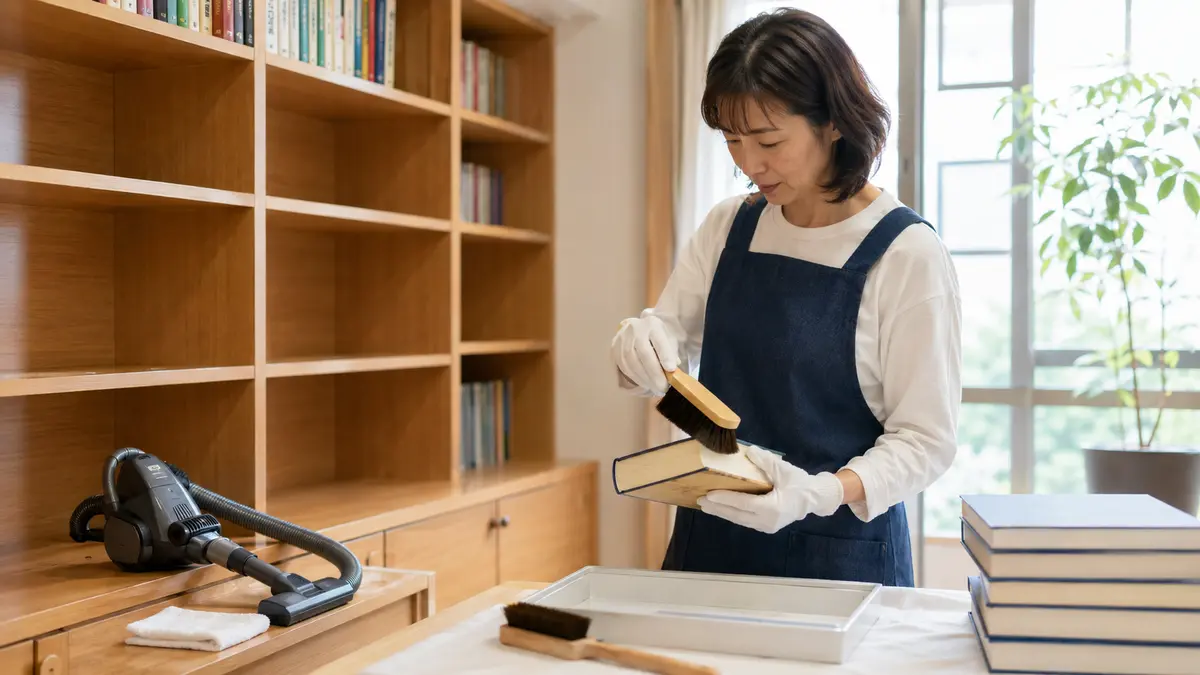 本を傷めない虫の駆除手順 本を一冊ずつ取り出して柔らかいブラシで小口を清掃する日本人女性