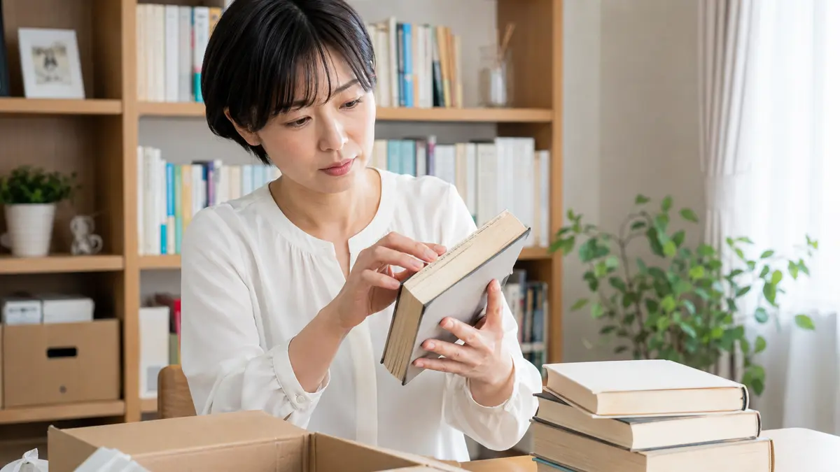 本棚のチャタテムシ発生サイン 本の小口やページに白い小さな粒やホコリがないか確認する日本人女性