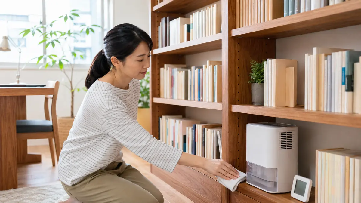 本棚の虫対策まとめ 点検した本を間隔を空けて戻し本棚の下段を清掃する日本人女性