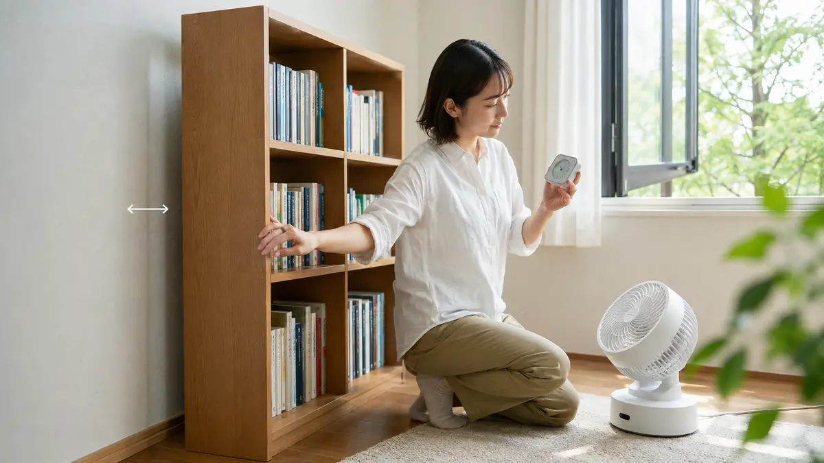 換気による本棚の虫予防 本棚を壁から離して窓を開けサーキュレーターで換気する日本人女性
