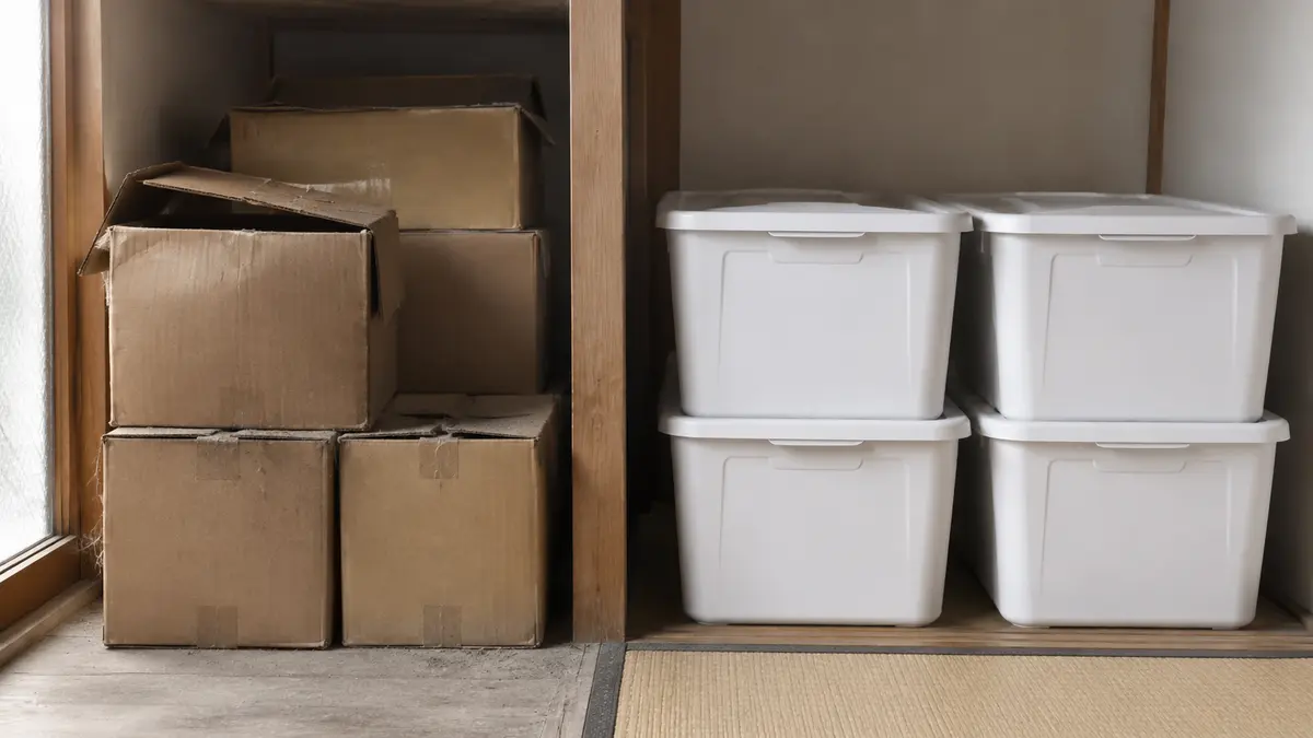 段ボールとプラスチック収納の違い ホコリが付いた段ボール箱とふた付きプラスチック収納ケースの比較