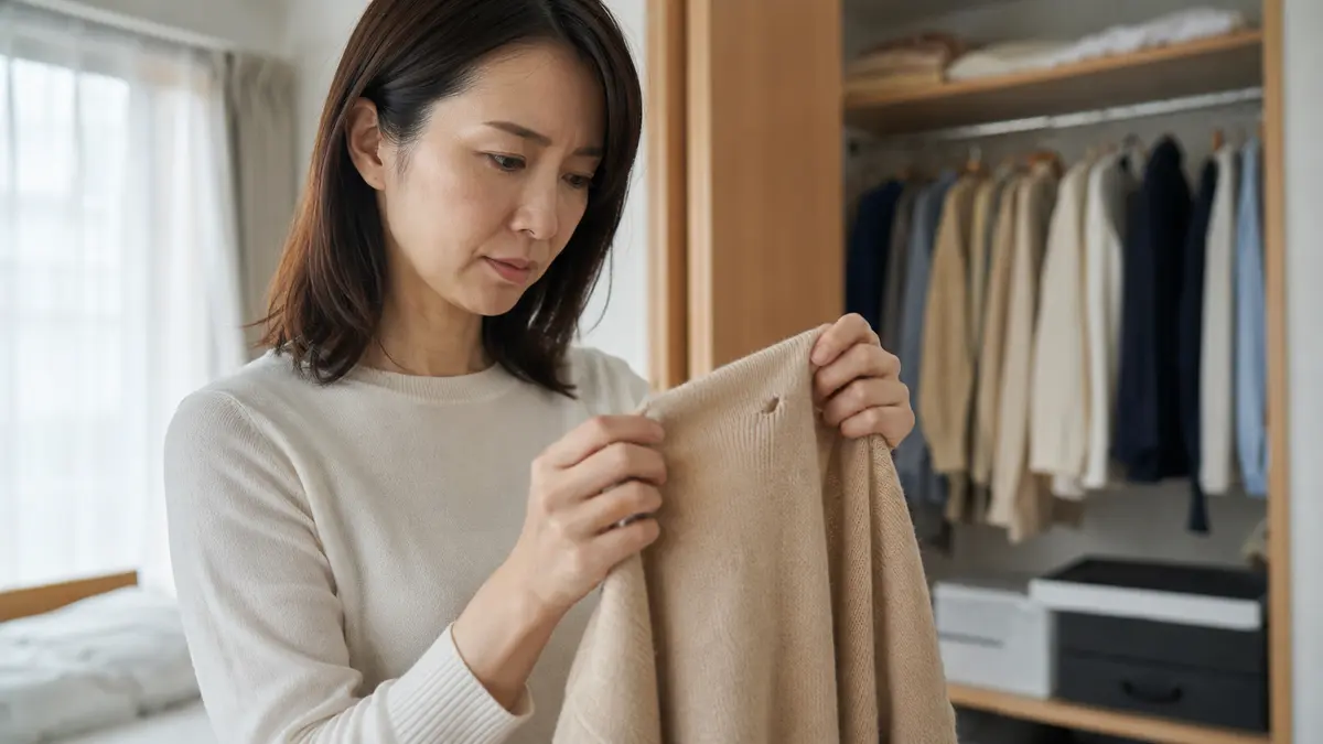 クローゼットで起こる衣類の虫食い クローゼットから出したウールの服に小さな虫食い穴を見つけた日本人女性