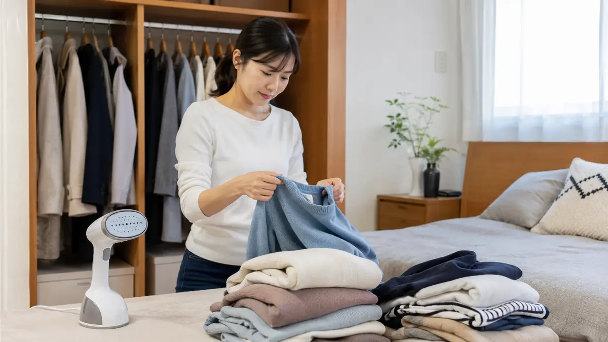 クローゼットの虫対策まとめ 虫の痕跡を見つけた後に衣類を洗濯用とクリーニング用へ分ける日本人女性