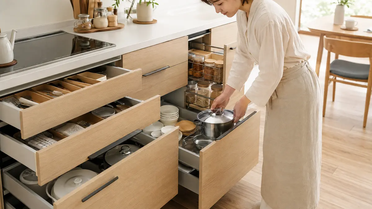 IKEA METODキッチンの引き出しに鍋や食器を収納する女性