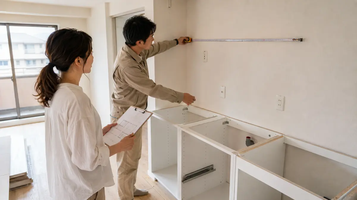 IKEA METODキッチン設置前に壁面を採寸してプランを確認する夫婦