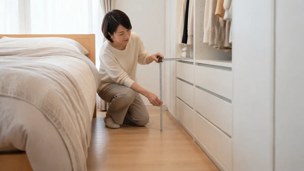 IKEAパックスの設置前にフレームサイズを測る日本人女性