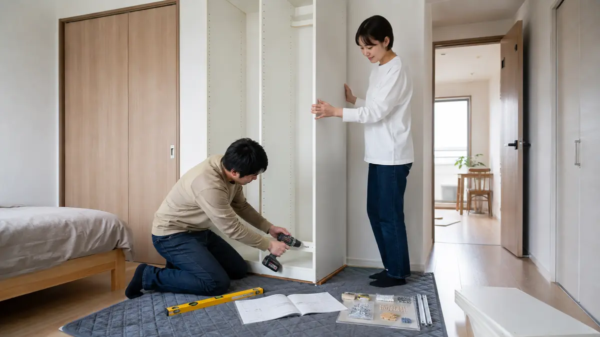 IKEAパックスワードローブを2人で組み立てる日本人男女