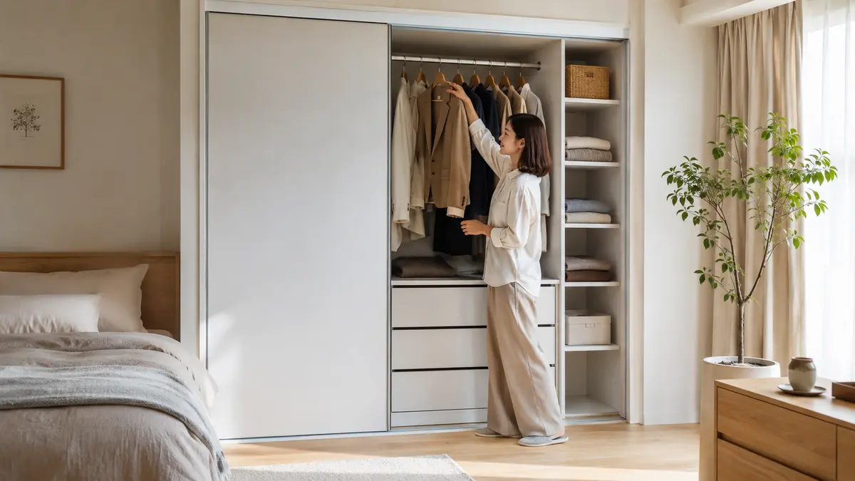 IKEAパックスワードローブから服を選ぶ日本人女性
