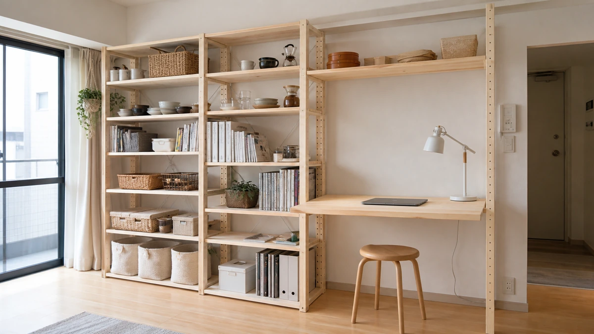 イーヴァルシェルフと作業台の組み合わせ 日本の部屋でパイン材の棚と作業デスクを組み合わせた収納例