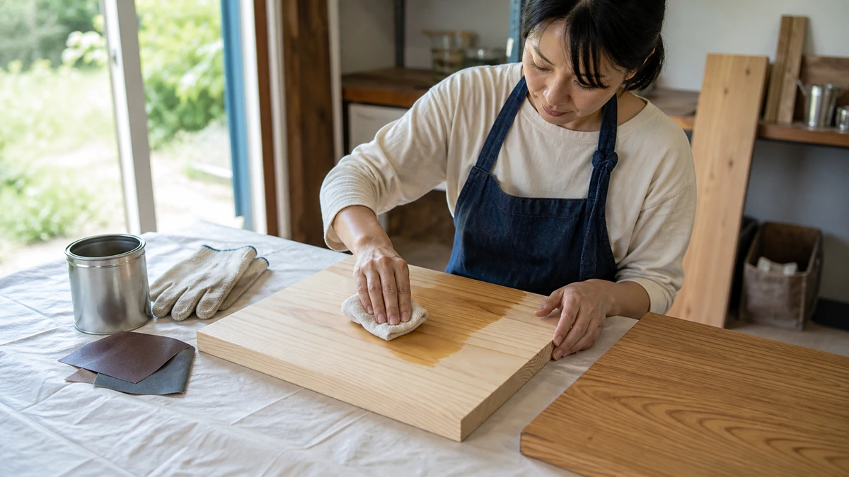 パイン材シェルフのオイル仕上げ作業 日本人女性が無塗装のパイン材棚板に布で家具用オイルを塗っている様子