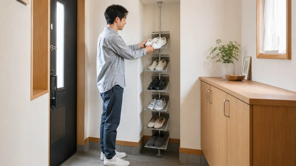 つっぱり式シューズラックで玄関の縦空間を活用 靴収納アイデアとして玄関のつっぱり式縦型ラックへ靴を置く日本人男性