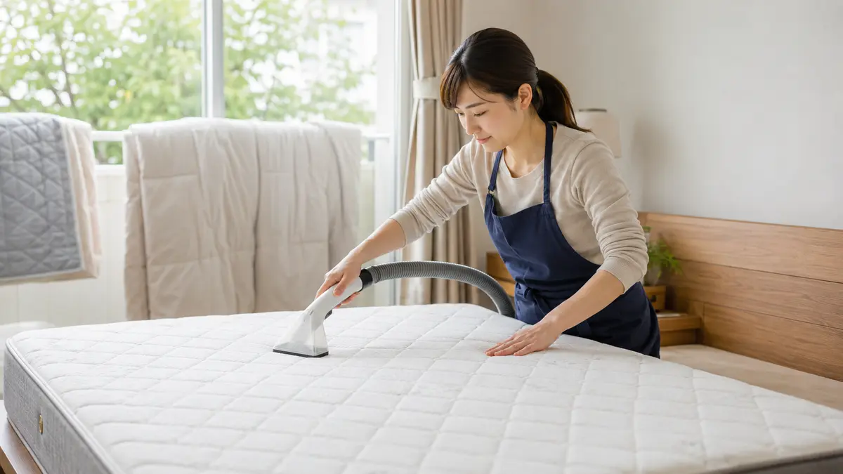 マットレスへ掃除機をかけて換気する日本人女性のダニ対策