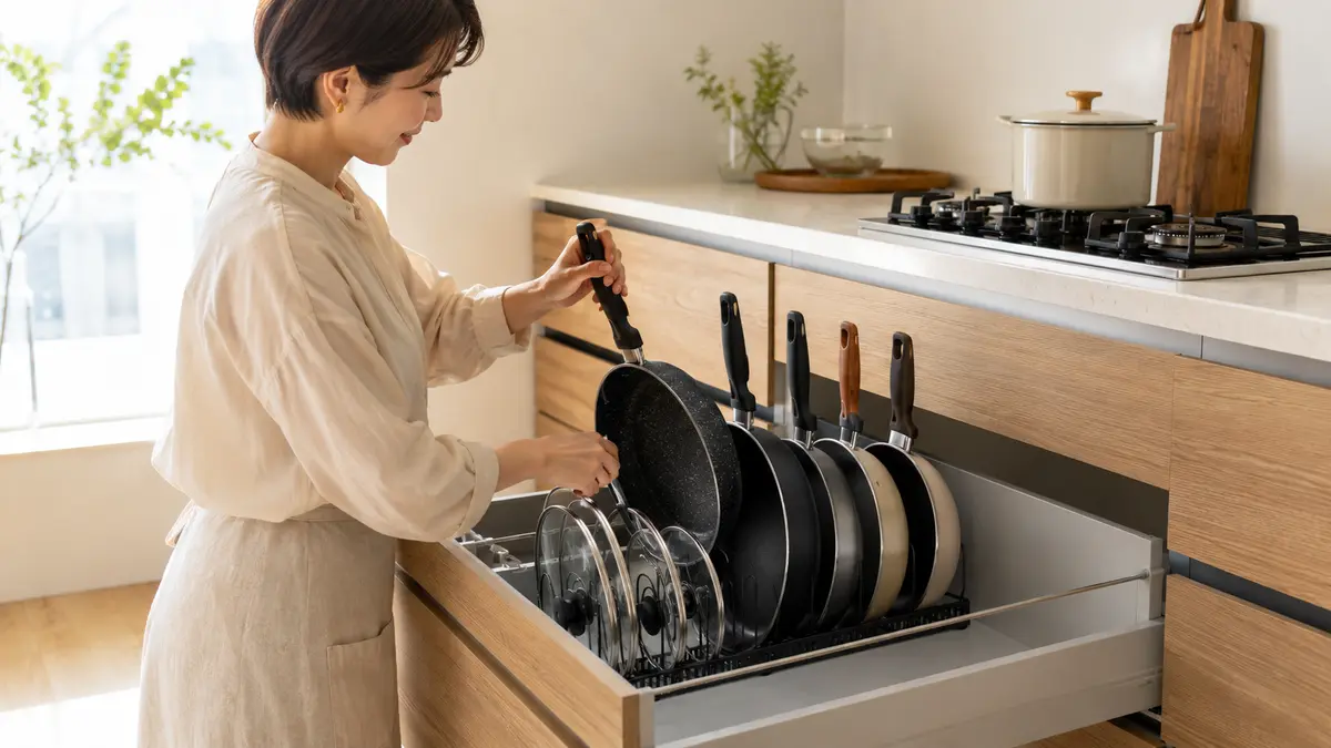 鍋・フライパン収納アイデアの正解はこれ 立てる・吊るすで選ぶ活用術