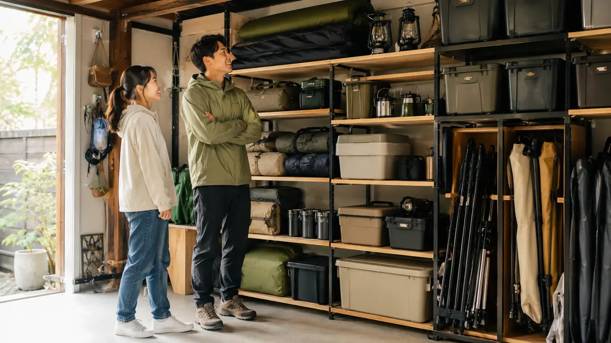 使いやすいキャンプ用品収納の完成イメージ キャンプ用品の収納アイデアで使いやすく整えた日本人夫婦の収納スペース