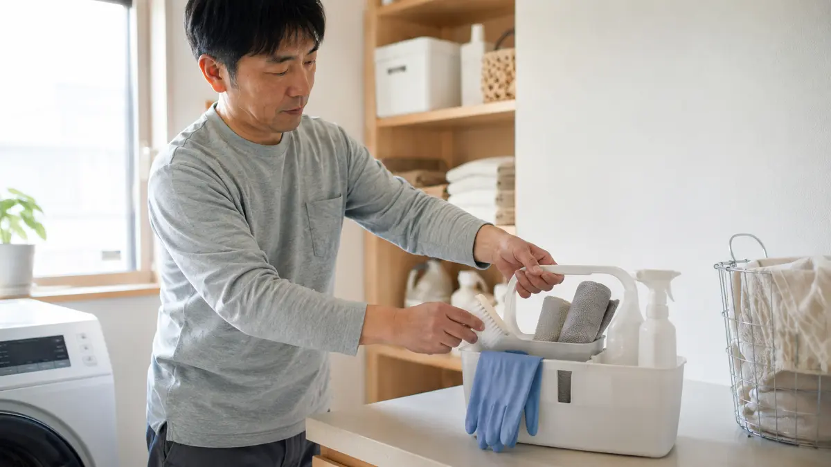 掃除用品を持ち運べる収納ボックスにまとめる日本人男性