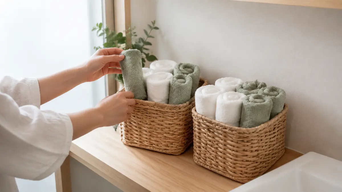 丸めた白とグリーンのタオルをバスケットへ立てて収納するアイデア
