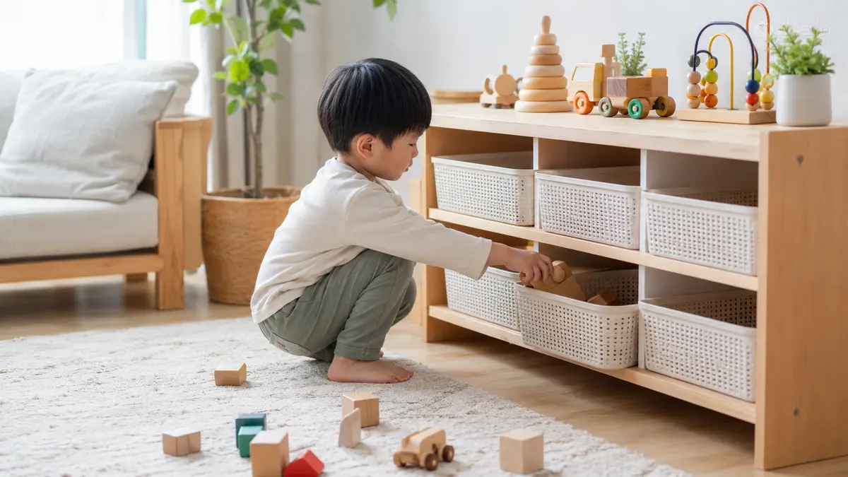 子供の手が届く高さに設置したフタなしのオープン棚おもちゃ収納