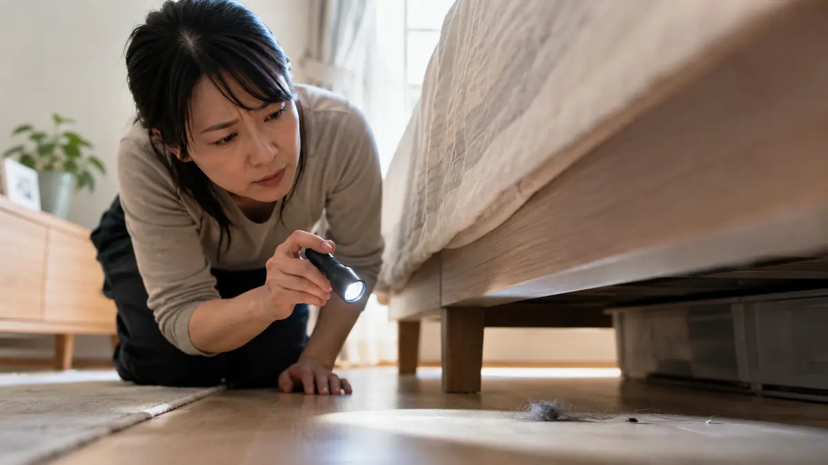 ベッド下のホコリや髪の毛をライトで確認する日本人女性