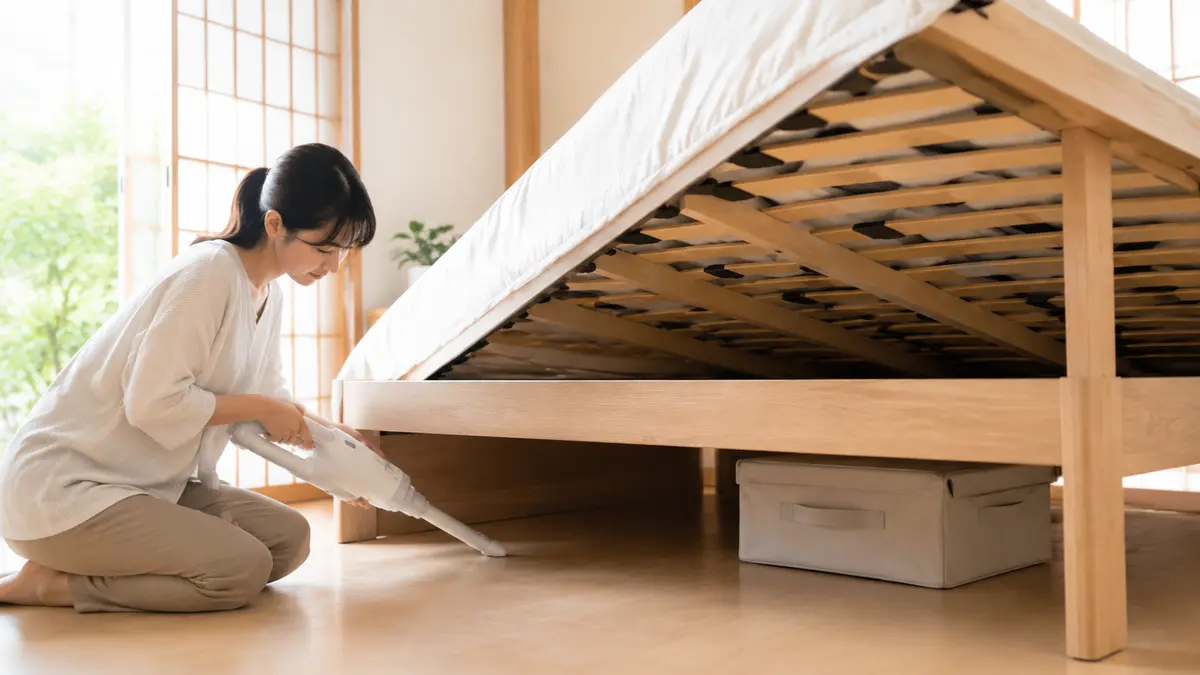 すのこベッド下を掃除して収納ケースと通気性を整える日本人女性
