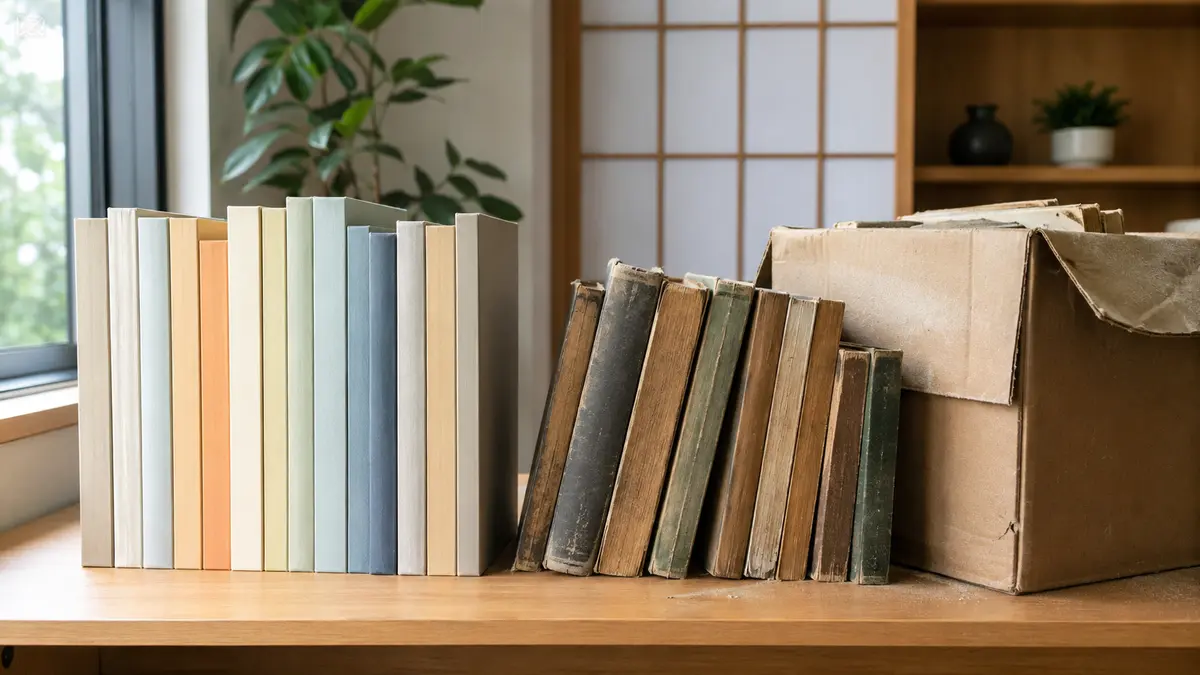 古本と段ボールの虫リスク 棚の清潔な本とホコリの付いた古本・段ボール箱を比較した収納環境