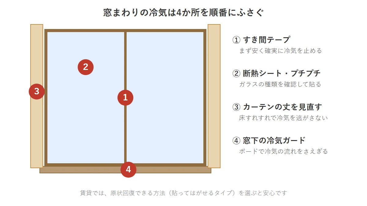 窓の合わせ目、ガラス面、カーテン、窓の下の4か所に番号を付け、冷気をふさぐ順番を示した窓の正面図
