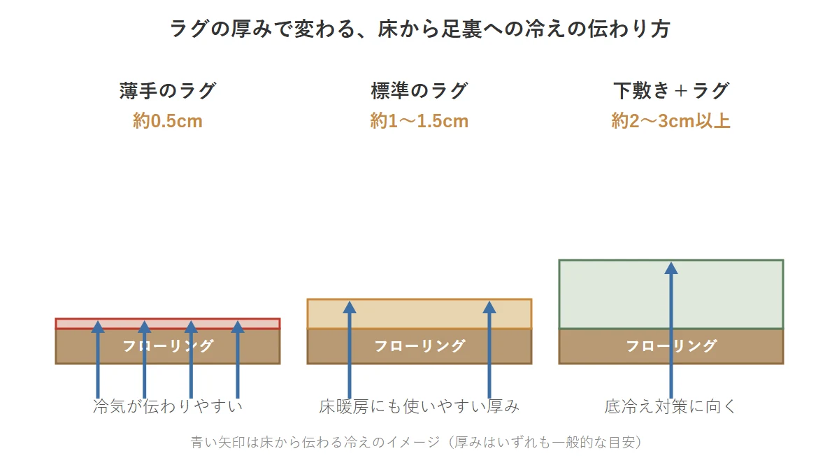 ラグの厚みが薄手・標準・下敷き付きで変わる、床から足裏への冷えの伝わり方を比べた断面図